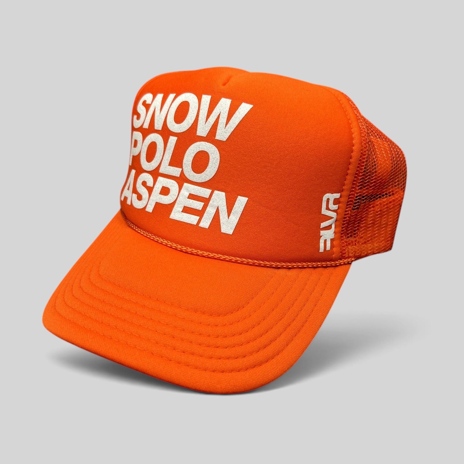 Raree Finds orange Otto Collection trucker hat with white Snow Polo Aspen graphic and breathable mesh back