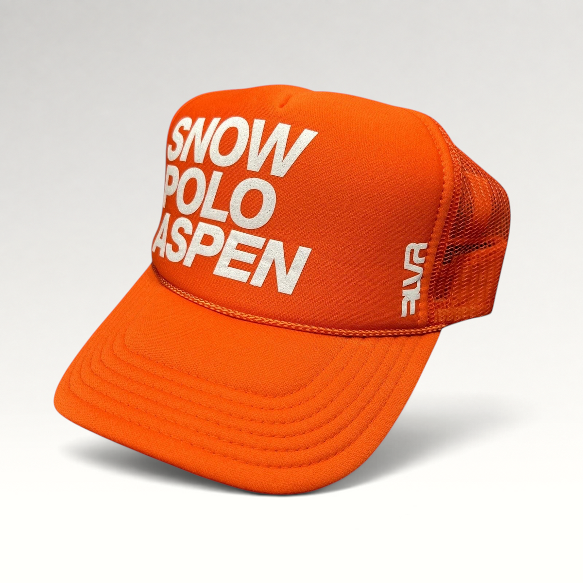 Raree Finds orange Otto Collection trucker hat with white Snow Polo Aspen graphic and breathable mesh back