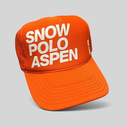 Raree Finds bright orange Otto Collection trucker hat with white Snow Polo Aspen graphic and mesh back