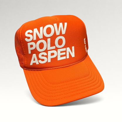 Raree Finds bright orange Otto Collection trucker hat with white Snow Polo Aspen graphic and mesh back