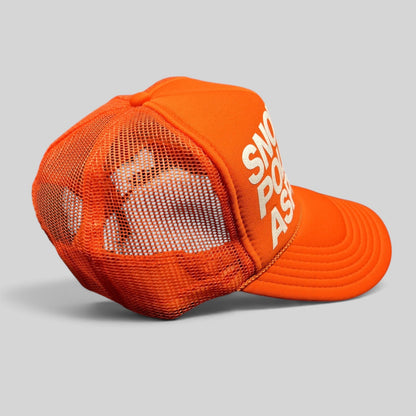 Raree Finds bright orange Snow Polo Aspen trucker hat with white graphic lettering and breathable mesh back panel.