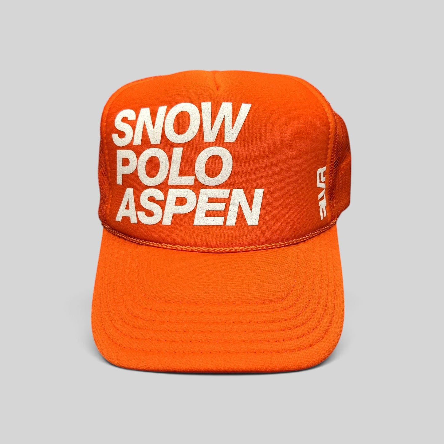 Raree Finds bright orange Snow Polo Aspen trucker hat with white graphic lettering and breathable mesh back