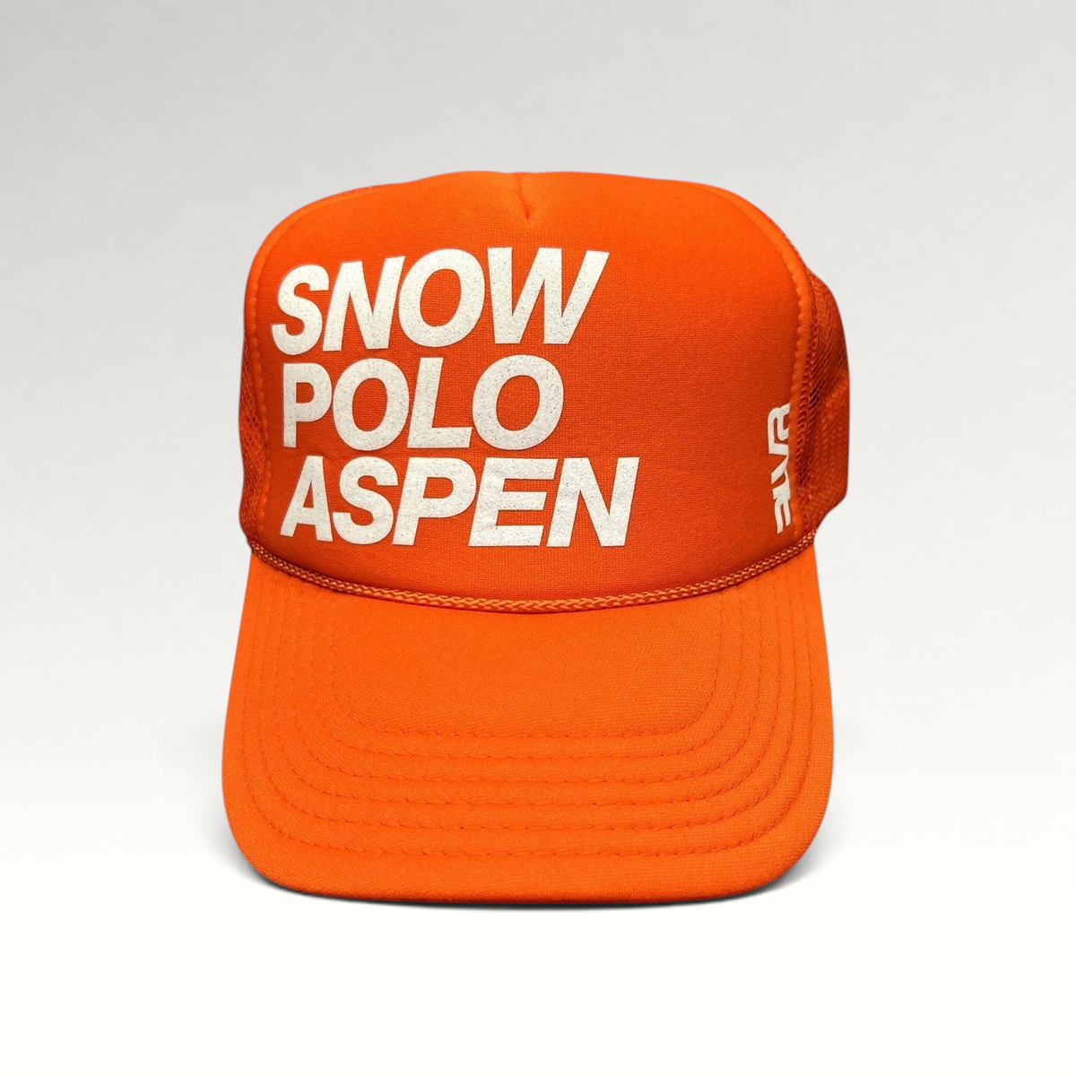 Raree Finds bright orange Snow Polo Aspen trucker hat with white graphic lettering and breathable mesh back