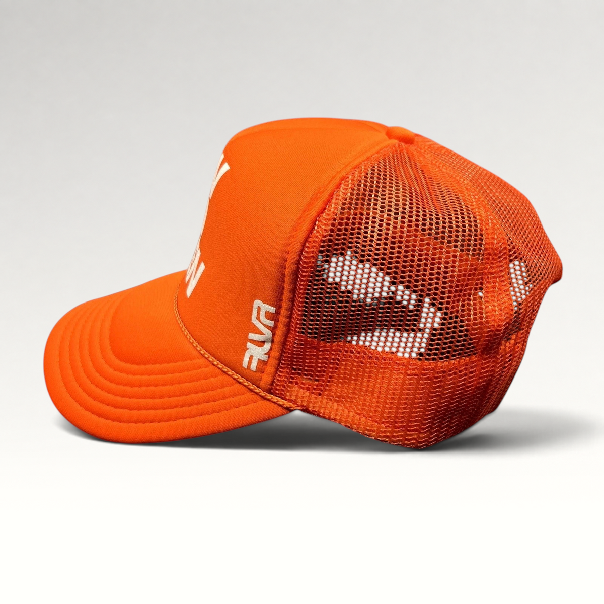 Raree Finds bright orange Snow Polo Aspen trucker hat with breathable mesh back and adjustable snapback closure