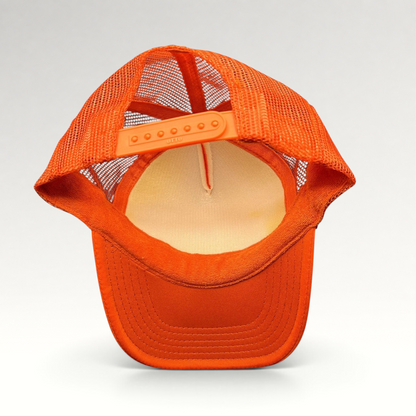 Raree Finds bright orange Otto Collection trucker hat with breathable mesh back and adjustable snapback closure
