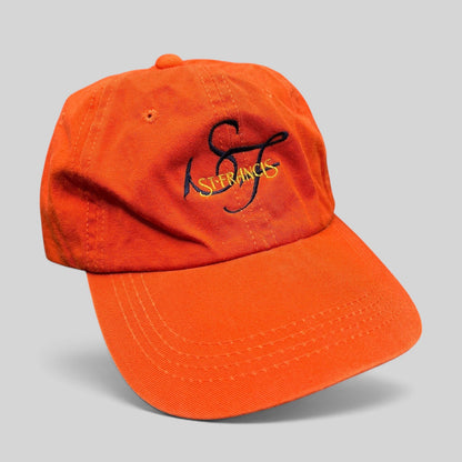 Raree Finds vintage orange cotton strapback dad cap with embroidered St. Francis script logo and curved brim