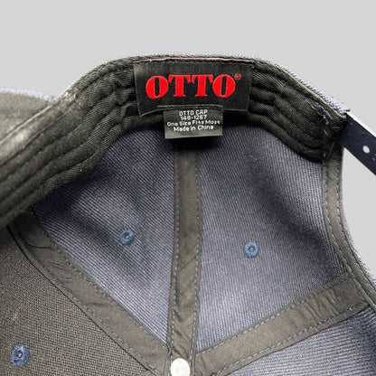Raree Finds vintage OTTO Cap navy denim snapback hat interior label showing brand logo and manufacturing details