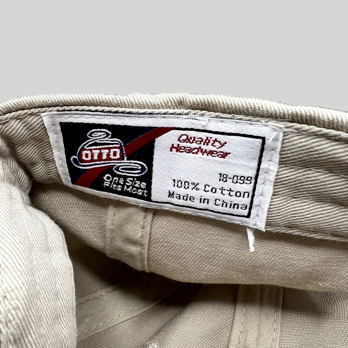 Raree Finds vintage OTTO cap interior label showing 100 percent cotton construction and quality headwear branding