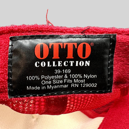 Raree Finds Otto Collection trucker hat interior tag showing material composition and manufacturing details