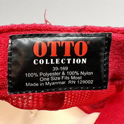 Raree Finds Otto Collection trucker hat interior tag showing material composition and manufacturing details