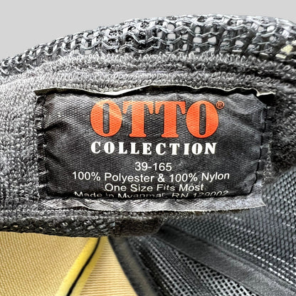 Raree Finds OTTO Collection 39-165 trucker hat interior label showing polyester and nylon material composition