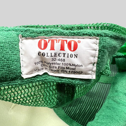 Raree Finds OTTO Collection trucker hat interior tag showing polyester and nylon material composition