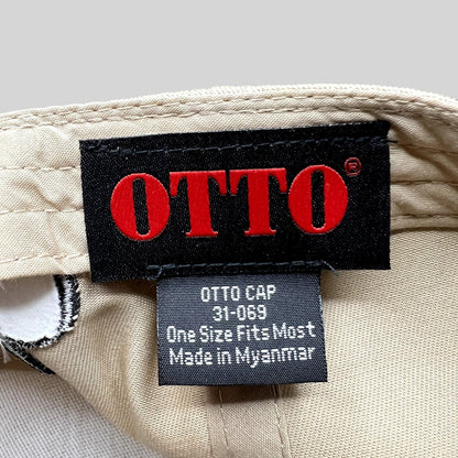 Raree Finds beige snapback hat interior showing OTTO brand label and Made in Myanmar tag