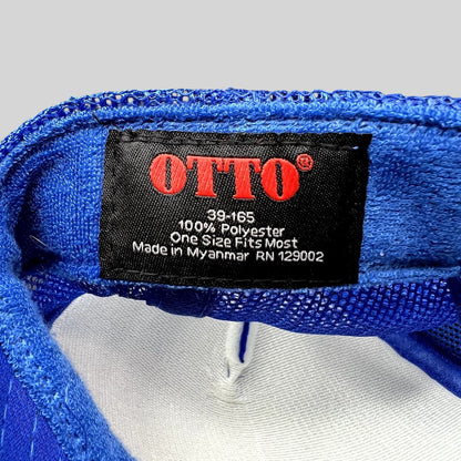 Raree Finds Nick Beeba trucker hat interior Otto brand label showing 100 percent polyester material and origin details