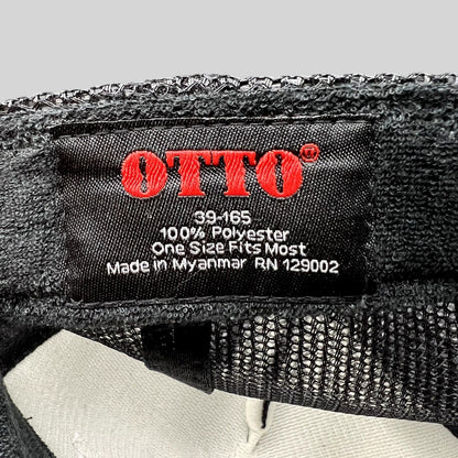 Raree Finds OTTO brand black mesh trucker hat interior label showing polyester material and one size fit details