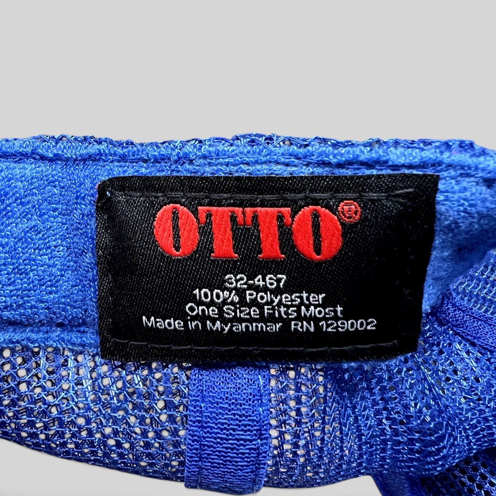 Raree Finds Sonic The Hedgehog trucker hat interior label showing Otto brand, polyester material, and origin details.