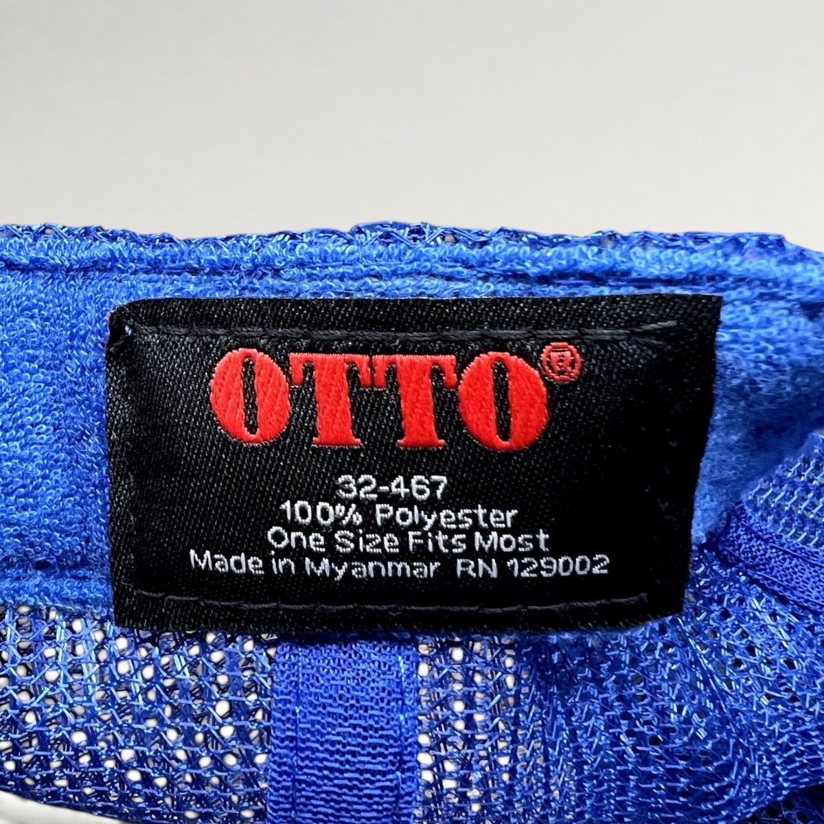 Raree Finds Sonic The Hedgehog trucker hat interior label showing Otto brand, polyester material, and origin details.