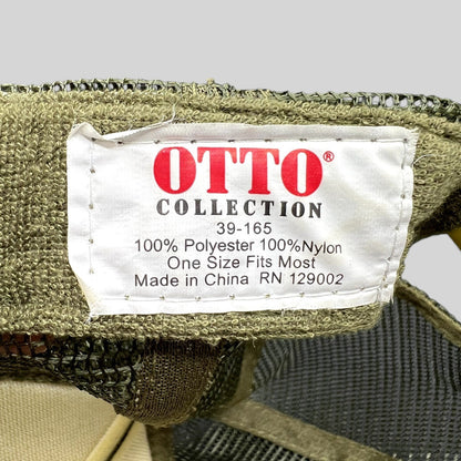 Raree Finds OTTO Collection trucker hat interior tag showing polyester and nylon material details in olive green