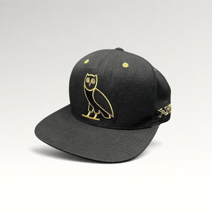 Raree Finds black and gold OVO owl snapback hat from the 2015 Toronto Raptors Mitchell & Ness collaboration