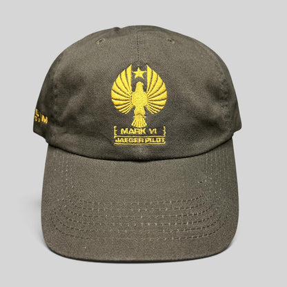 Raree Finds Pacific Rim Uprising olive drab cotton strapback hat with gold embroidered Mark VI Jaeger Pilot insignia