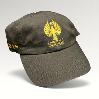 Raree Finds olive drab cotton strapback hat with gold embroidered Pacific Rim Uprising Jaeger Pilot insignia