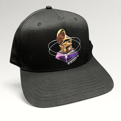 Raree Finds black PacSun Grammy U snapback hat with a gold gramophone graphic and orbital design on the front panel.