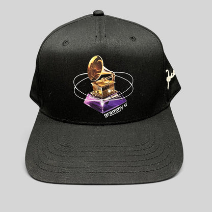 Raree Finds black PacSun Grammy U snapback hat featuring a gold gramophone graphic and side embroidery on a flat bill.