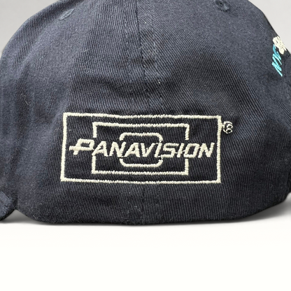 Raree Finds navy blue cotton strapback hat featuring a white embroidered Panavision logo on the side panel