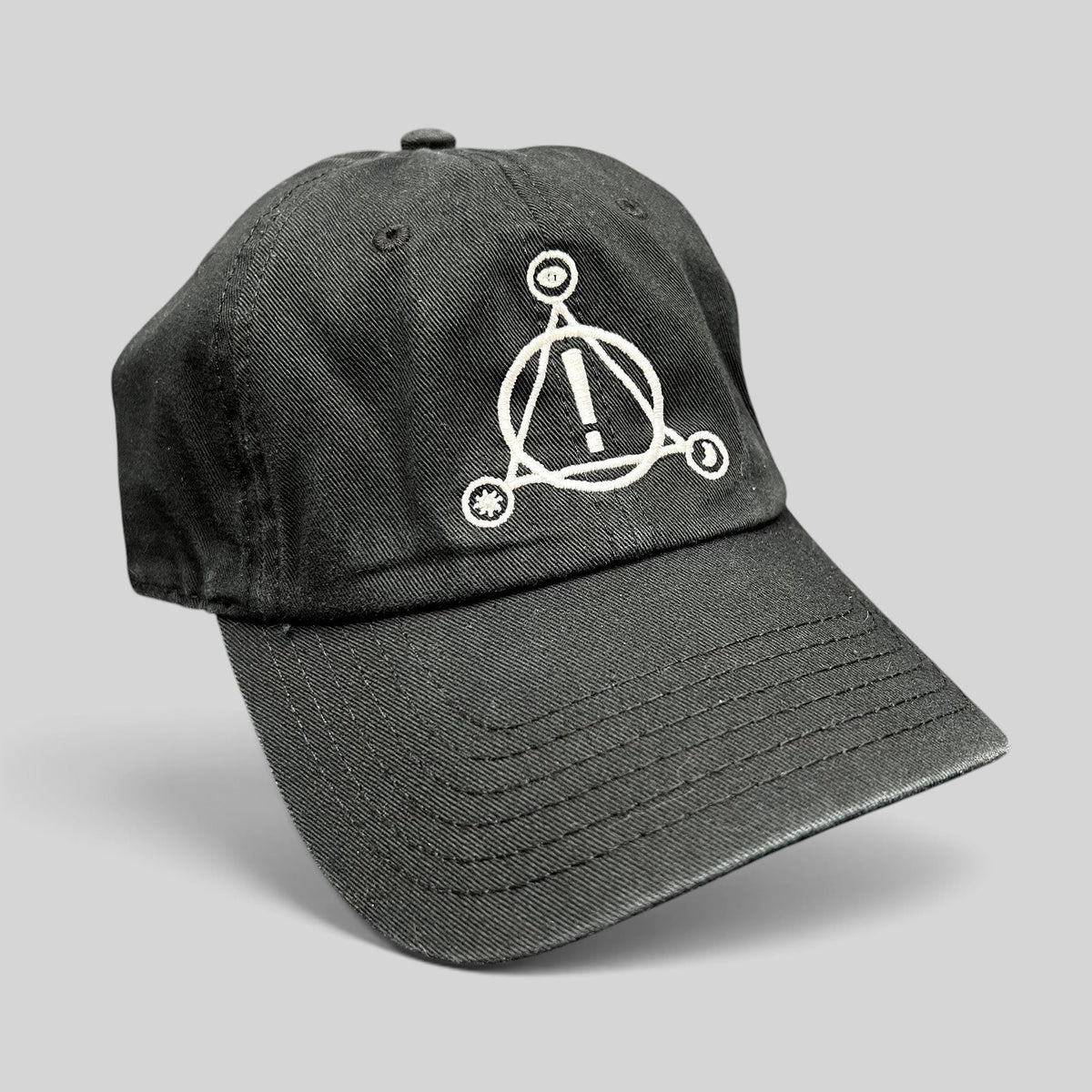 Raree Finds black cotton strapback hat featuring a white embroidered Panic! At The Disco sigil on the front crown.