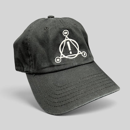 Raree Finds black cotton strapback hat featuring a white embroidered Panic! At The Disco sigil on the front crown.