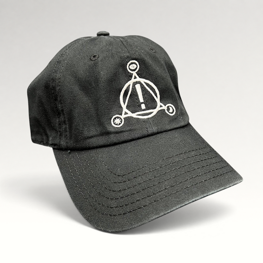Raree Finds black cotton strapback hat featuring a white embroidered Panic! At The Disco sigil on the front crown.