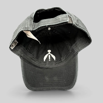 Raree Finds black cotton strapback hat with white embroidered Panic! At The Disco sigil on the interior crown