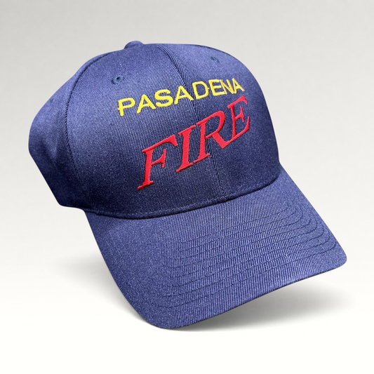 Raree Finds navy blue Yupoong Flexfit hat with Pasadena Fire embroidered in red and yellow on the front crown