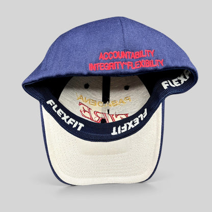 Raree Finds navy blue Yupoong Flexfit hat with red embroidered motto and Pasadena Fire interior branding