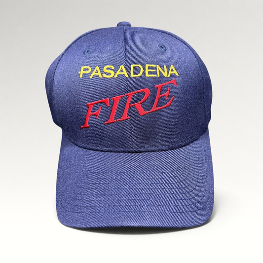 Raree Finds navy blue Yupoong Flexfit hat with embroidered Pasadena Fire lettering in red and yellow on the crown