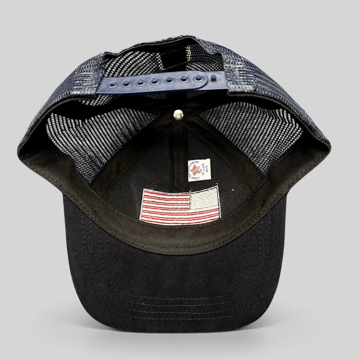 Raree Finds Patriot Awards 2021 trucker hat interior showing embroidered American flag and Made in USA label
