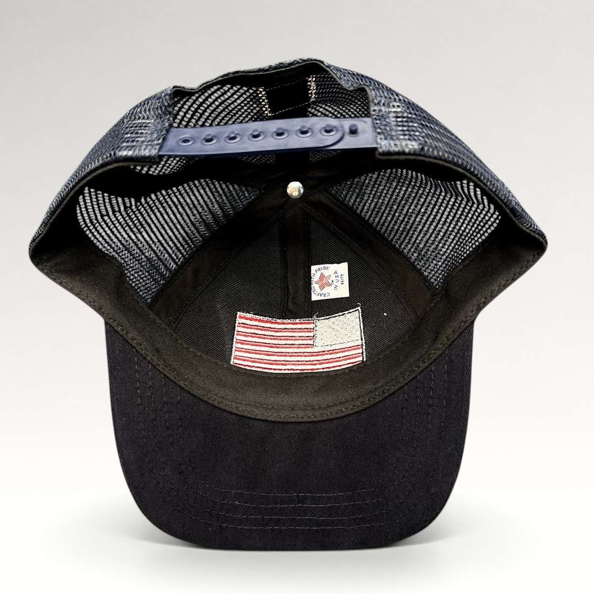 Raree Finds Patriot Awards 2021 trucker hat interior showing embroidered American flag and Made in USA label