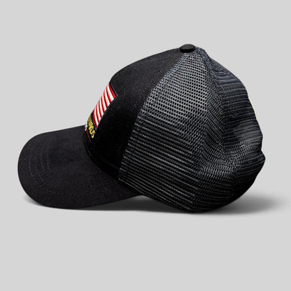 Raree Finds Patriot Awards 2021 navy and black trucker hat with embroidered American flag and mesh back side view