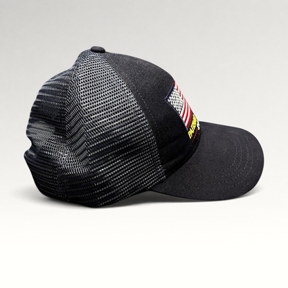 Raree Finds Patriot Awards 2021 navy and black trucker hat with an embroidered American flag and mesh back