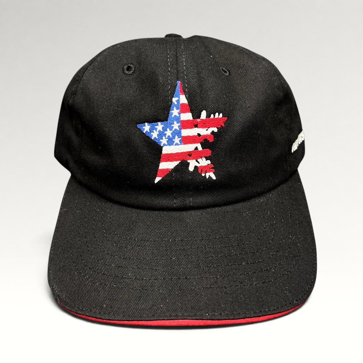 Raree Finds Corps Classics black strapback hat with patriotic American flag star embroidery and red sandwich brim