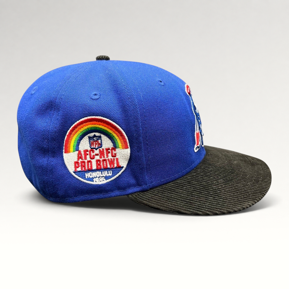 Raree Finds New Era 59FIFTY New England Patriots fitted hat with royal blue crown, black corduroy brim, and Pro Bowl patch
