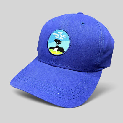 Raree Finds royal blue AT&T Pebble Beach Pro-Am golf hat with embroidered Lone Cypress logo patch and curved brim