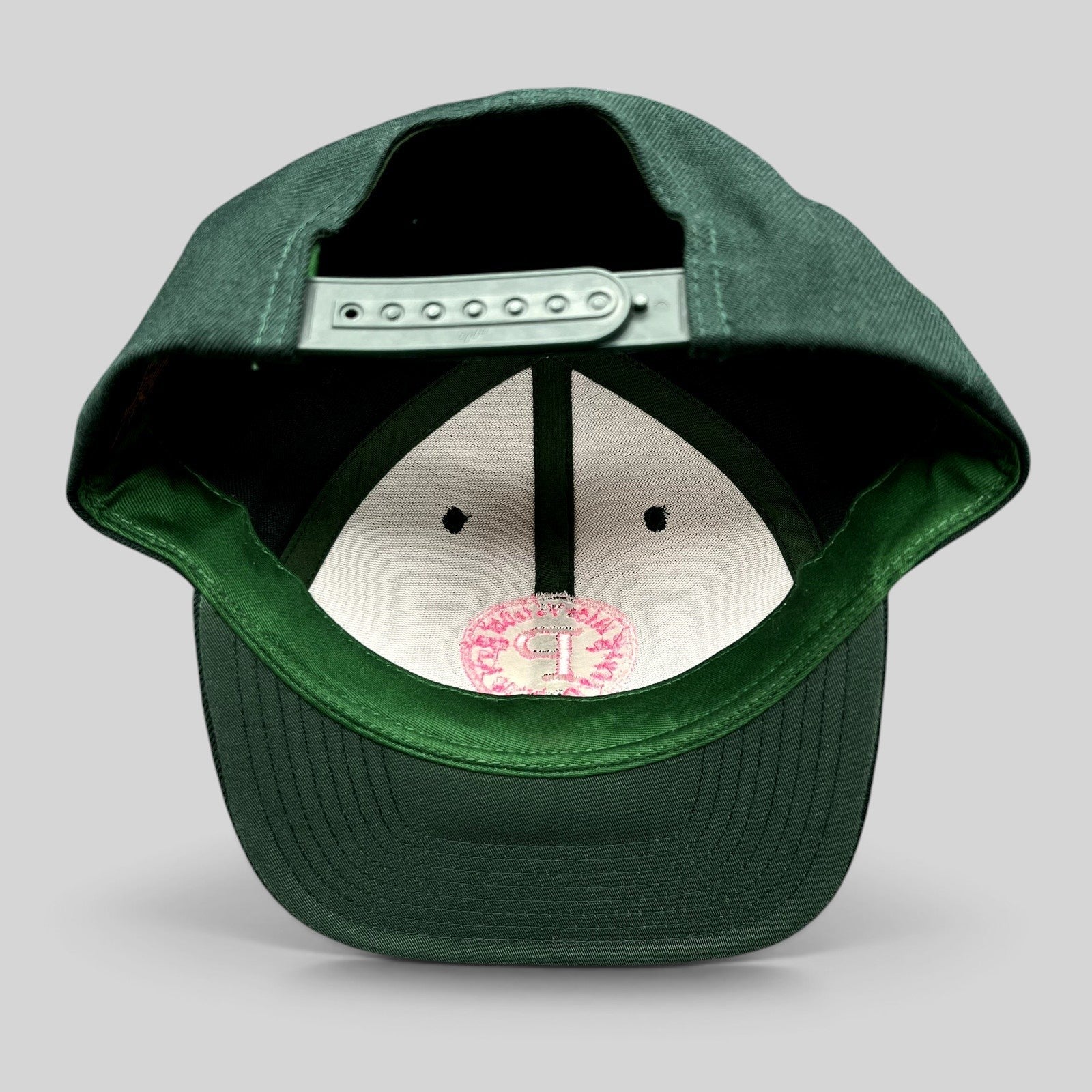 Raree Finds Penny Pound Ice dark green snapback hat with pink embroidered logo, interior view showing snap closure