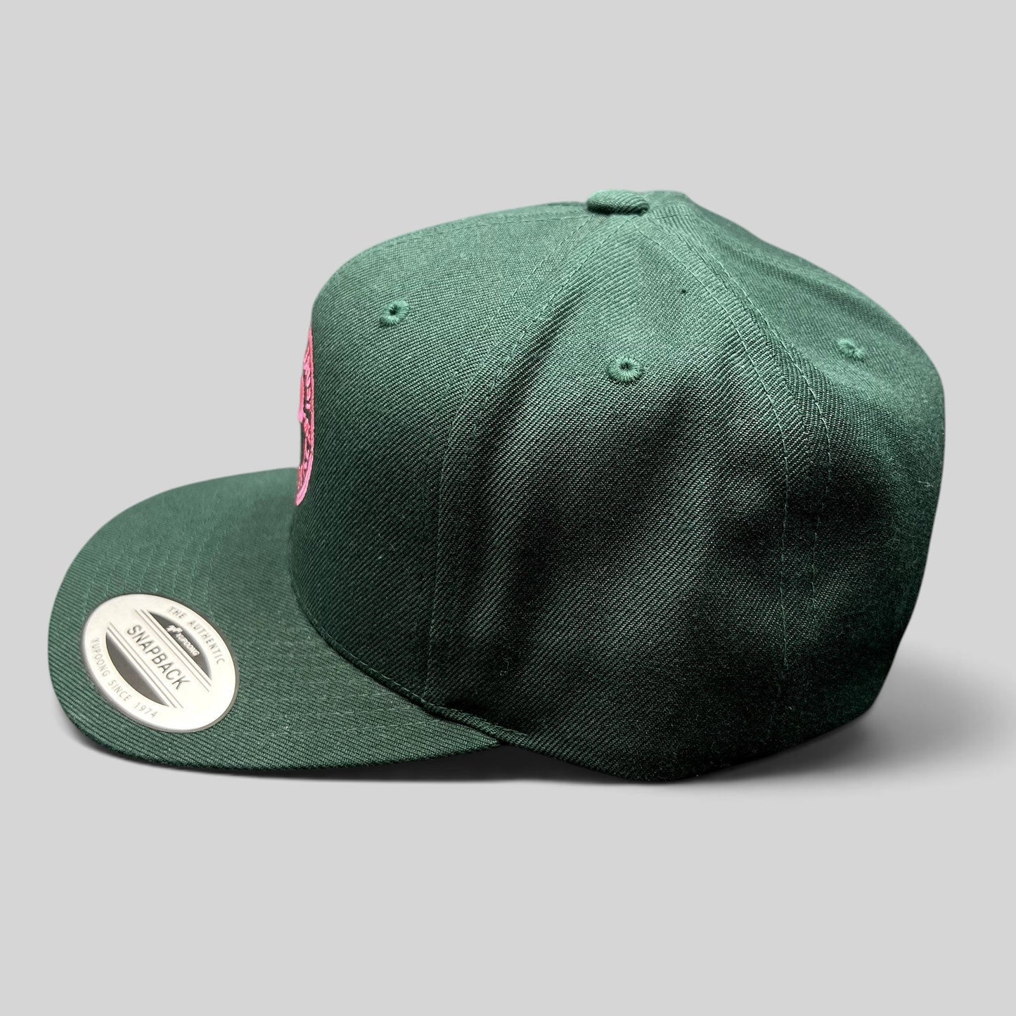 Raree Finds Penny Pound Ice dark green snapback hat with pink In Ice We Trust embroidery and Yupoong Classics sticker