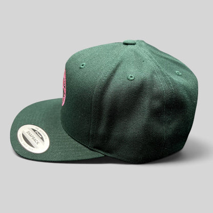 Raree Finds Penny Pound Ice dark green snapback hat with pink In Ice We Trust embroidery and Yupoong Classics sticker