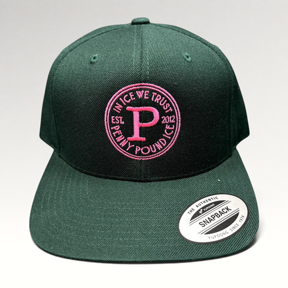 Raree Finds Penny Pound Ice dark green snapback hat with bright pink In Ice We Trust circular logo embroidery