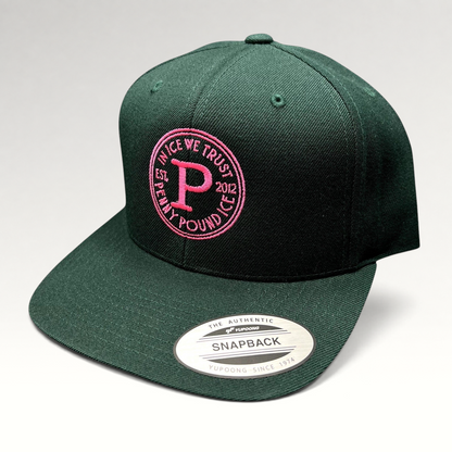 Raree Finds Penny Pound Ice dark green snapback hat with pink In Ice We Trust circular logo embroidery