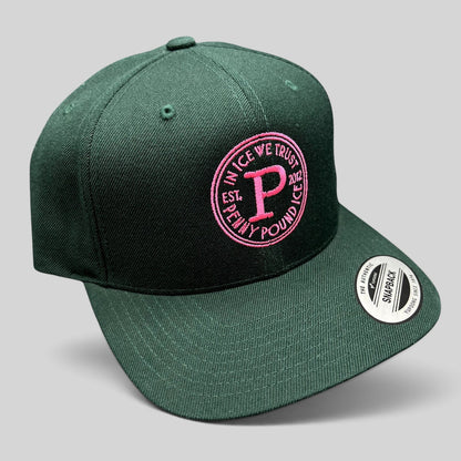 Raree Finds Penny Pound Ice dark green snapback hat with pink In Ice We Trust circular logo embroidery