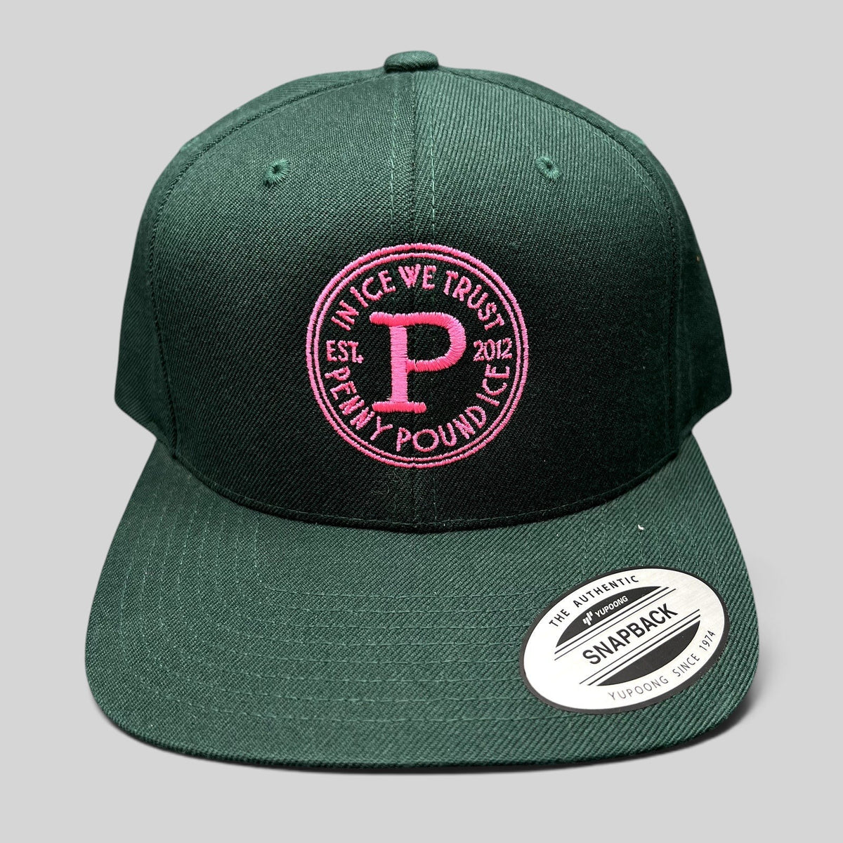 Raree Finds Penny Pound Ice dark green snapback hat with pink In Ice We Trust circular logo embroidery