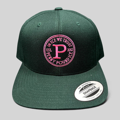 Raree Finds Penny Pound Ice dark green snapback hat with pink In Ice We Trust circular logo embroidery